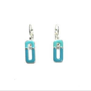 Teal and silver rectangular shaped metal earrings